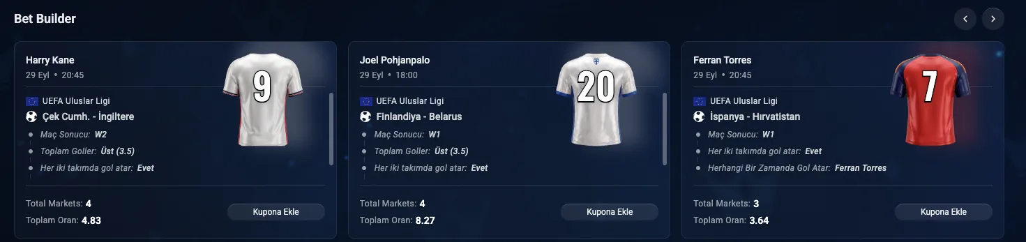 Padişahbet Bet Builder bölümü: aynı maçta birden fazla bahisle hazırlanmış kupon önerileri ve toplam oranlar