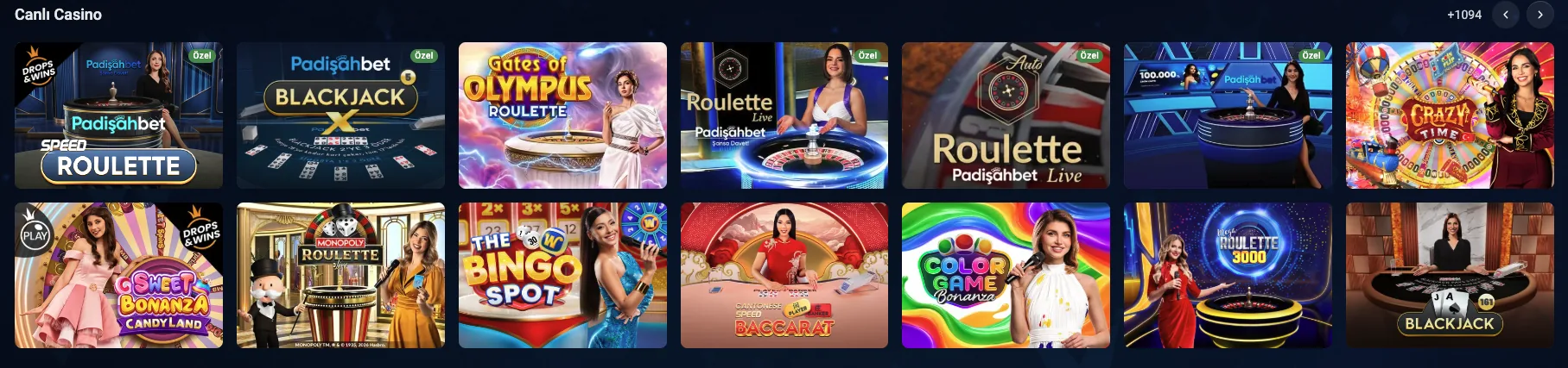 Padişahbet canlı casino lobisi: rulet, blackjack, bakara ve game show masaları