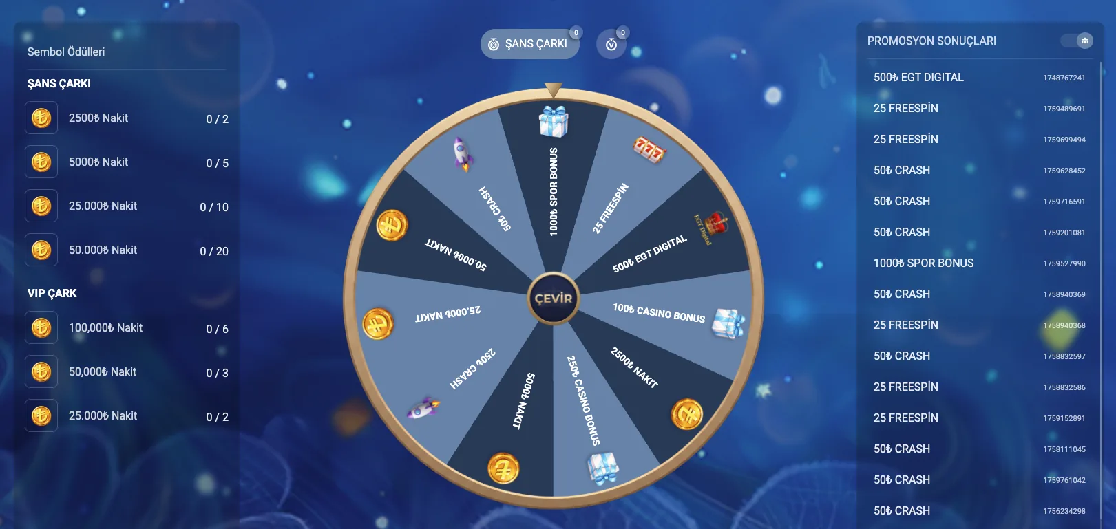 Padişahbet Şans Çarkı ekranı: nakit, freespin, spor bonusu ve casino bonusu dilimleri ile sembol ödülleri listesi