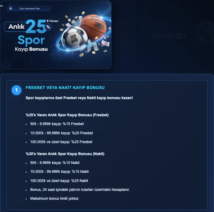 Padişahbet 'e varan anlık spor kayıp bonusu: kayıp tutarına göre freebet ve nakit iade oranları